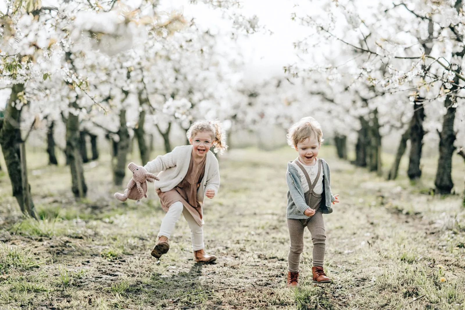 Zwei Kinder rennen lachend durch die Kirschblüte im Alten Land, Mini-Session Julia Aßmann