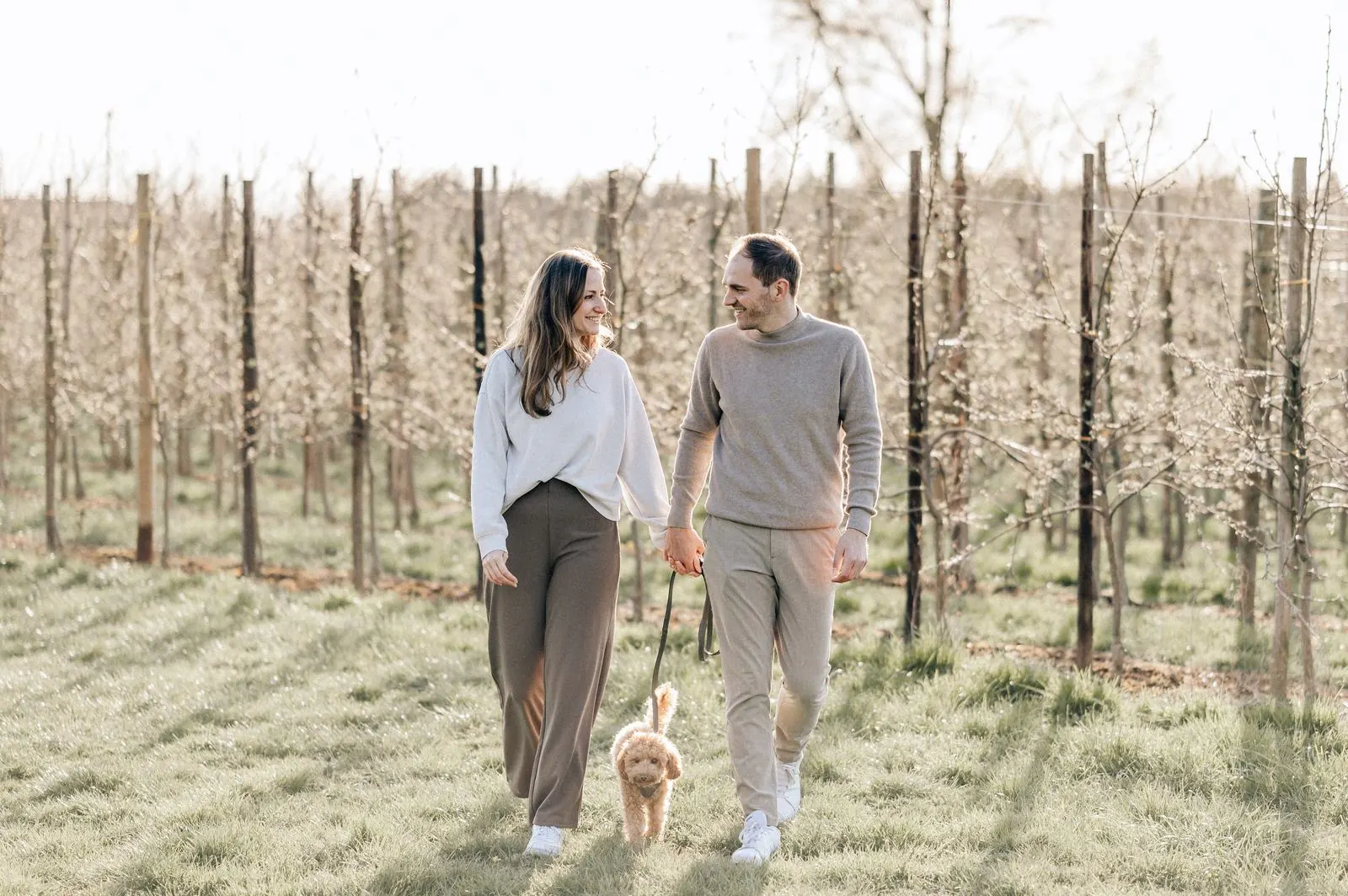 Paar in Creme und Beige spaziert mit Hund durch eine Obstplantage im Alten Land